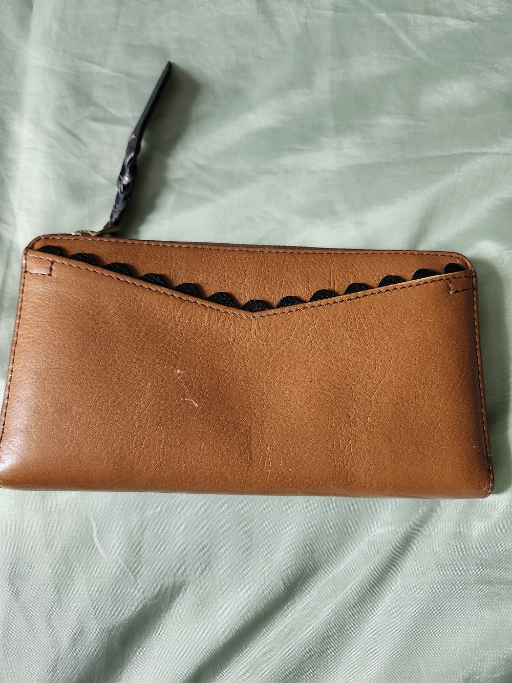 Fossil Tan Leather Zip Wallet with Black Scalloped Trim